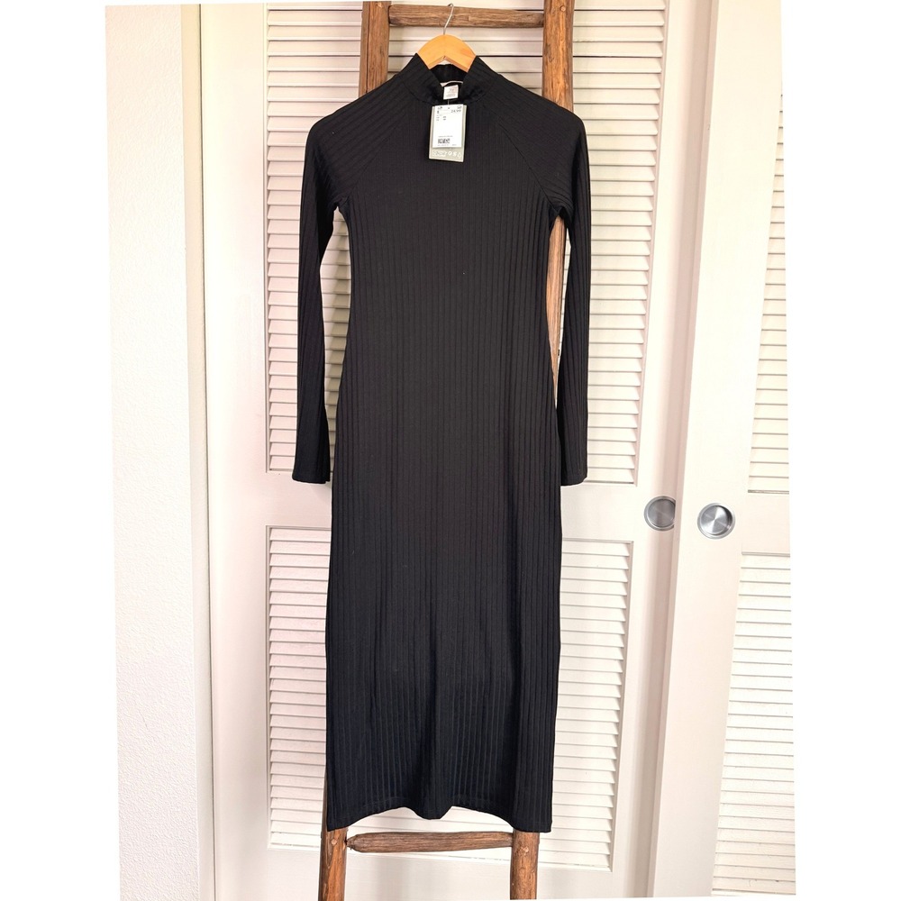 H&M Ribbed Mock Neck Midi Dress XS Black NWT